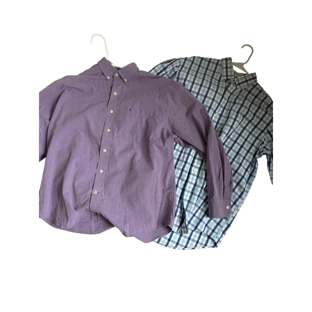 Lot of 2 IZOD Mens Long Sleeve Button Down Shirts Purple & Blue Green Plaid L
